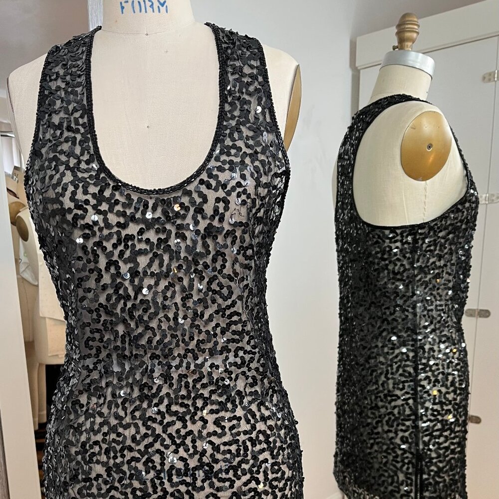 Black Sequin Muscle A-Line Dress, Size Small.